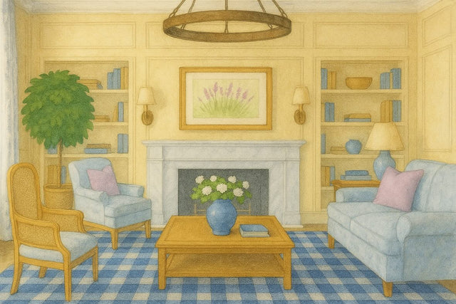 A watecolor drawing if a farmhouse style living room that blends rustic charm of a blue plaid rug, cane and bamboo furniture, a marble fireplace and antique circle chandelier.